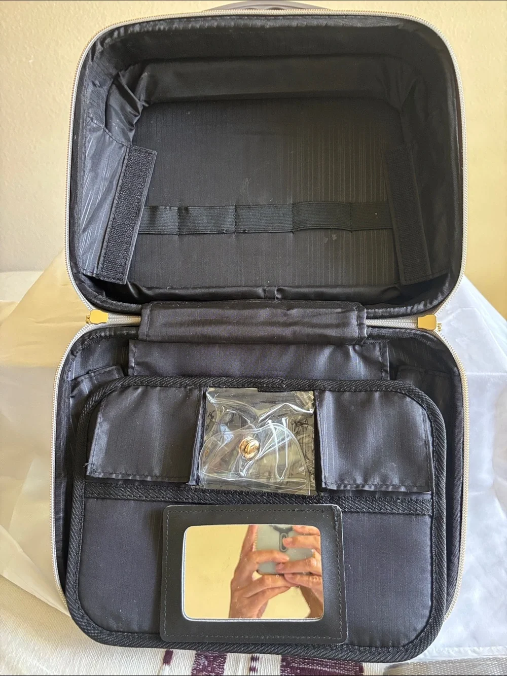 Metallic Gray Quilted Cosmetic Case with Gold Accents